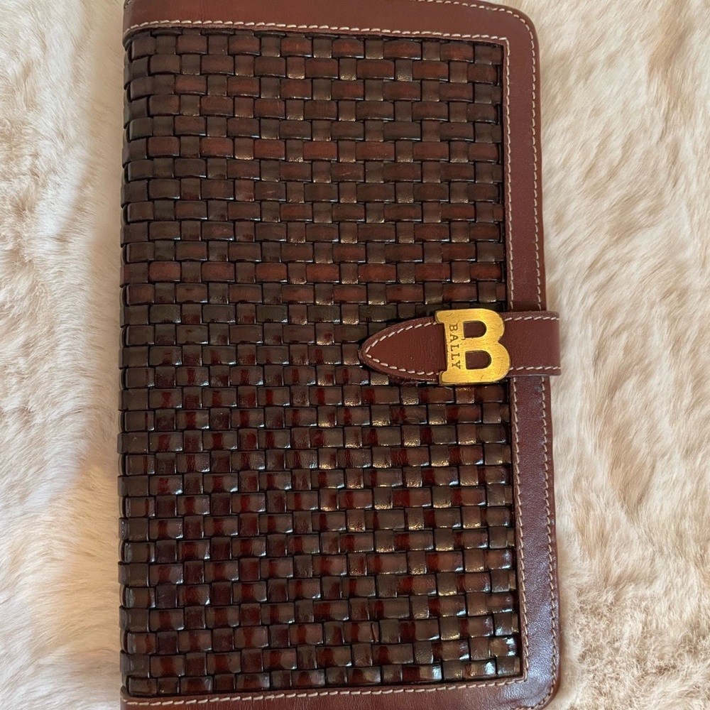 Bally Brown Woven Leather Wallet with Gold Accent